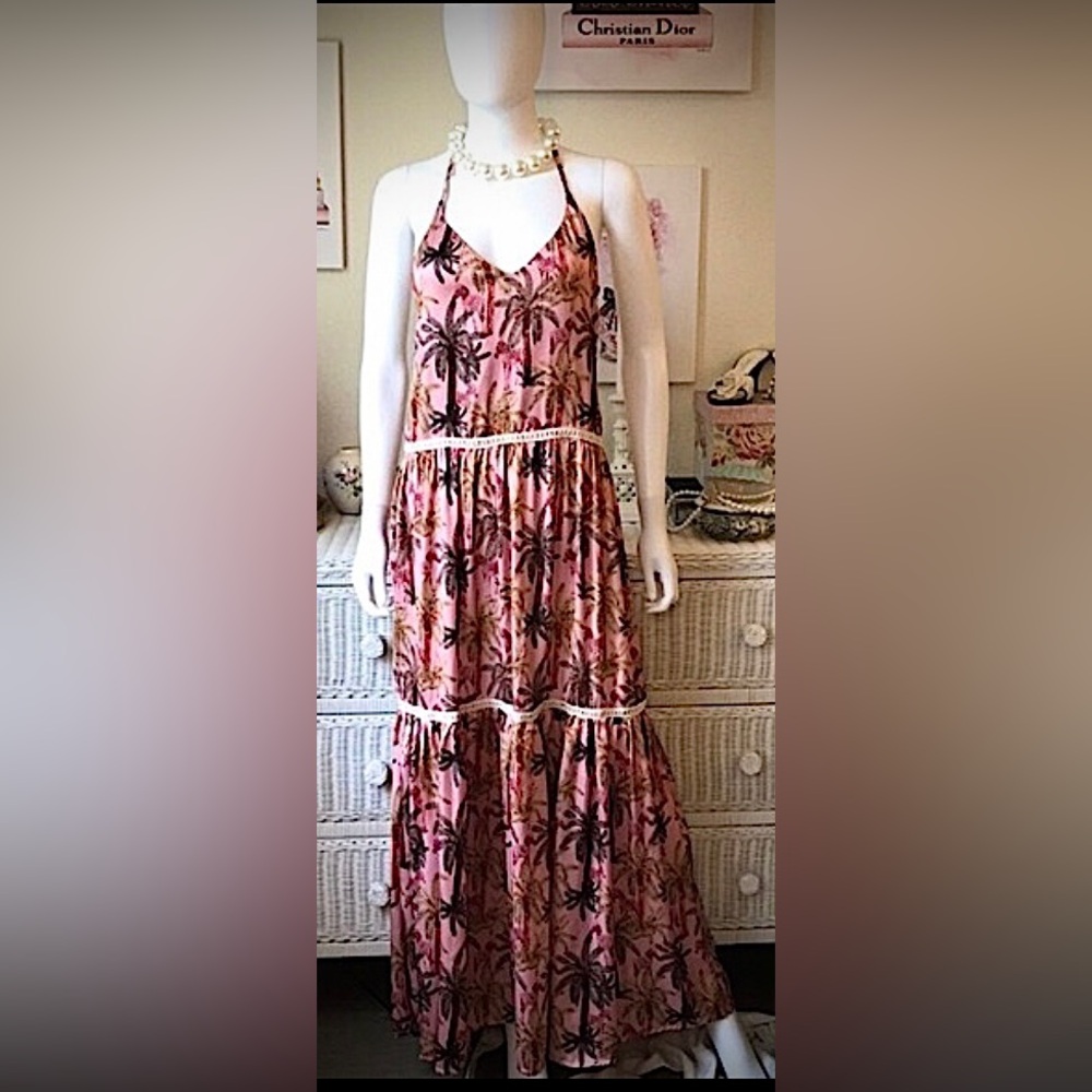 Sensi Studio Tropical Palm Trees Halter Maxi Dress Open Back in Maroon size S